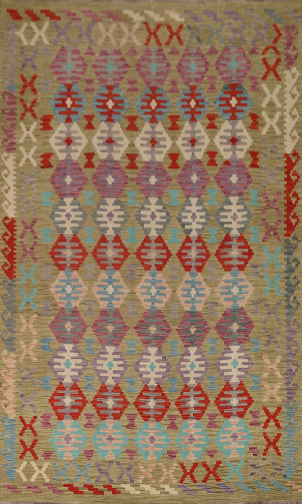 All-Over Green Kilim Wool Area Rug 7x10