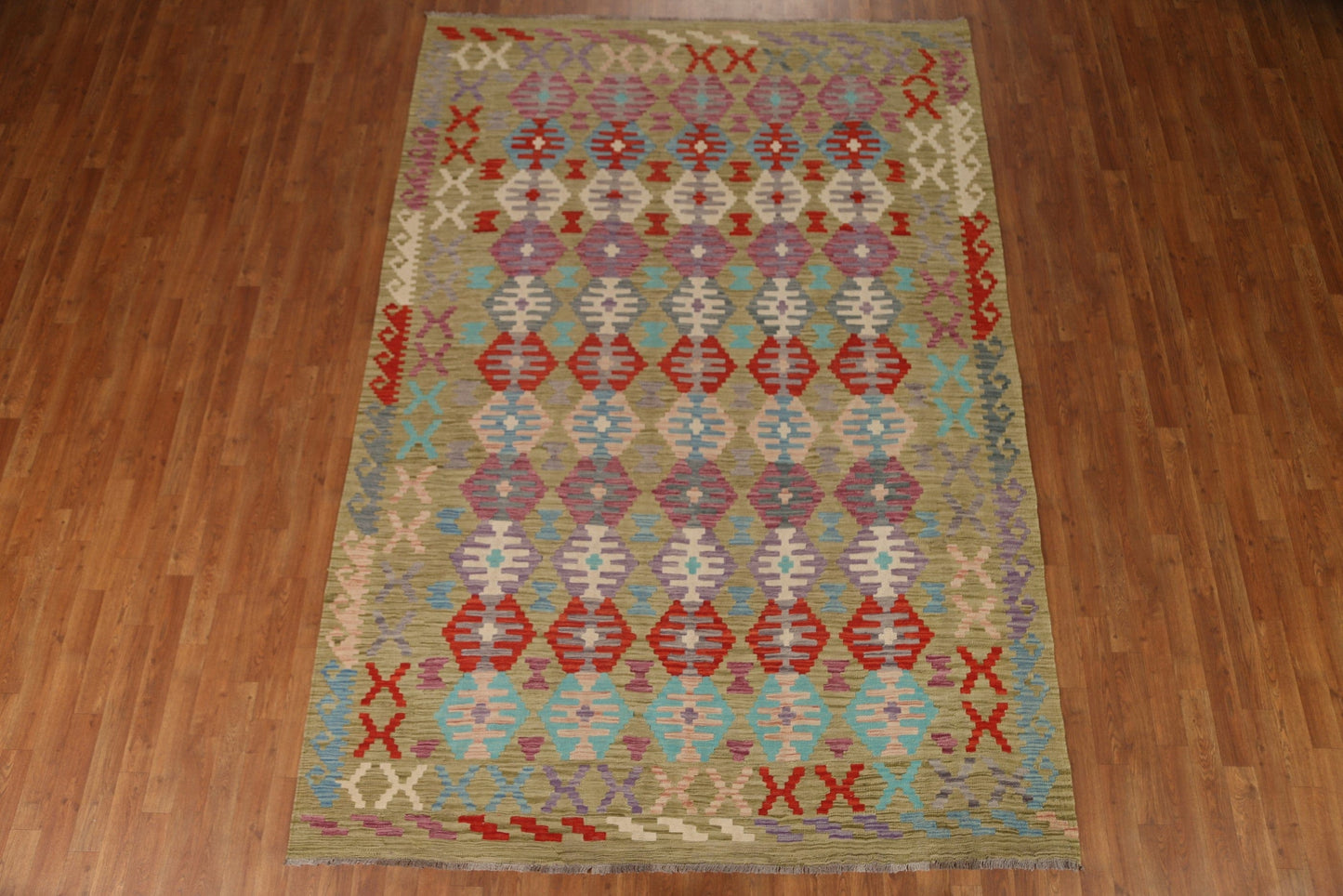 All-Over Green Kilim Wool Area Rug 7x10