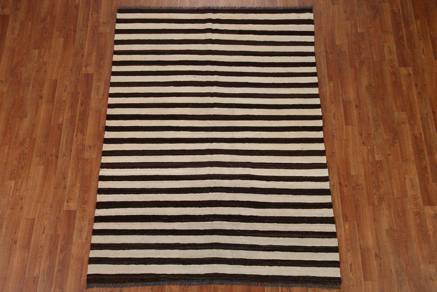 Brown / Ivory Striped Kilim Modern Area Rug 5x7