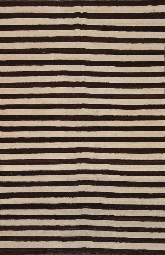 Brown / Ivory Striped Kilim Modern Area Rug 5x7