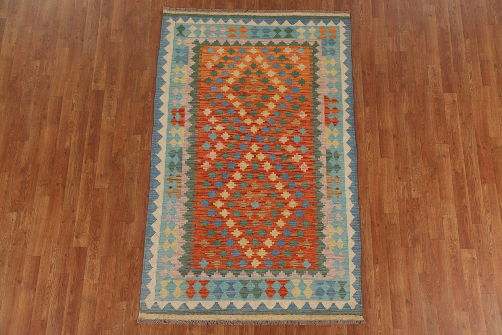 Orange Wool Kilim Reversible Area Rug 4x7