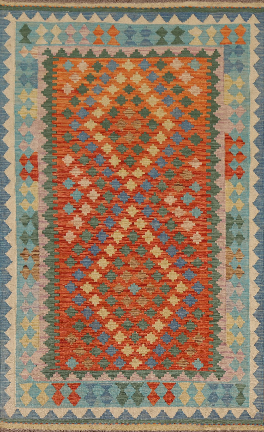 Orange Wool Kilim Reversible Area Rug 4x7