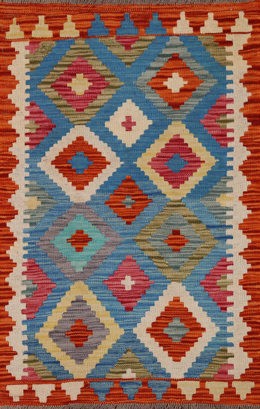 Blue Wool Kilim Oriental Area Rug 3x4