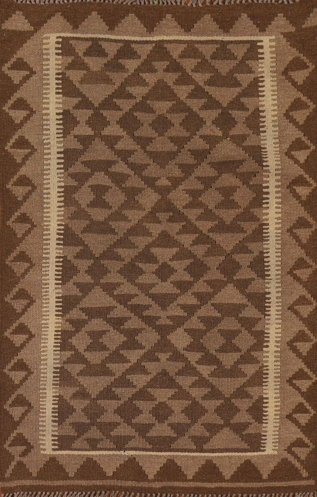 Brown Wool Kilim Geometric Area Rug 3x5