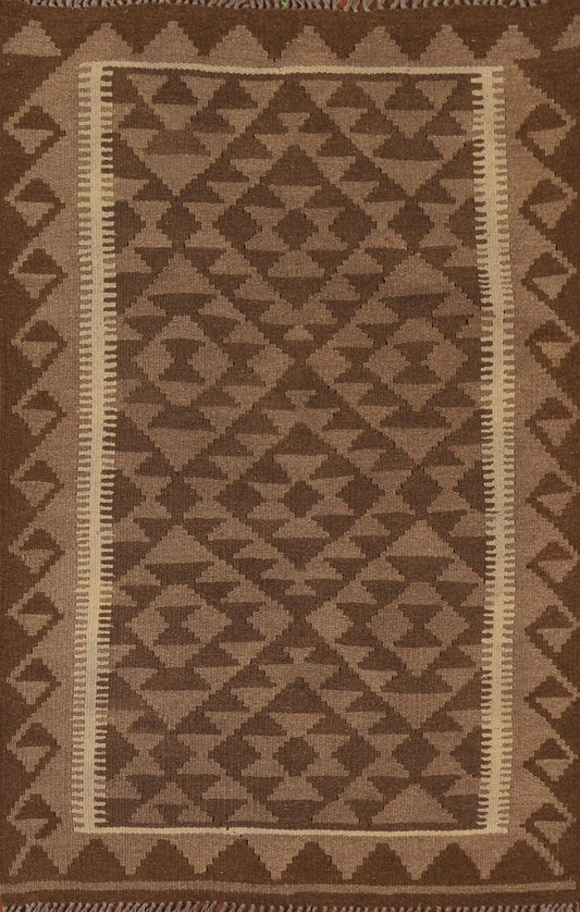 Brown Wool Kilim Geometric Area Rug 3x5