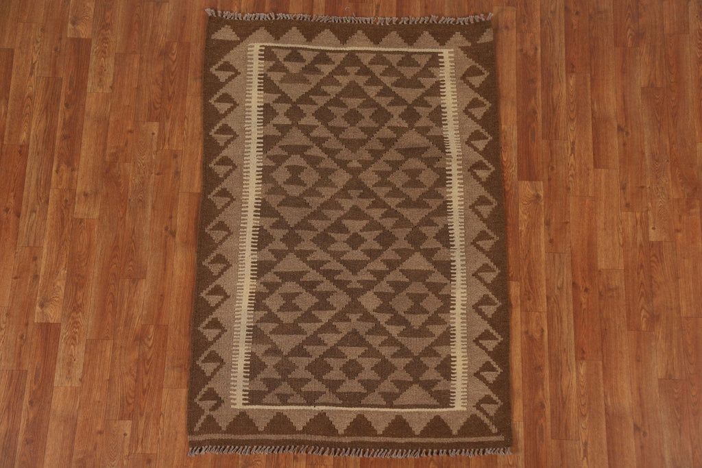 Brown Wool Kilim Geometric Area Rug 3x5