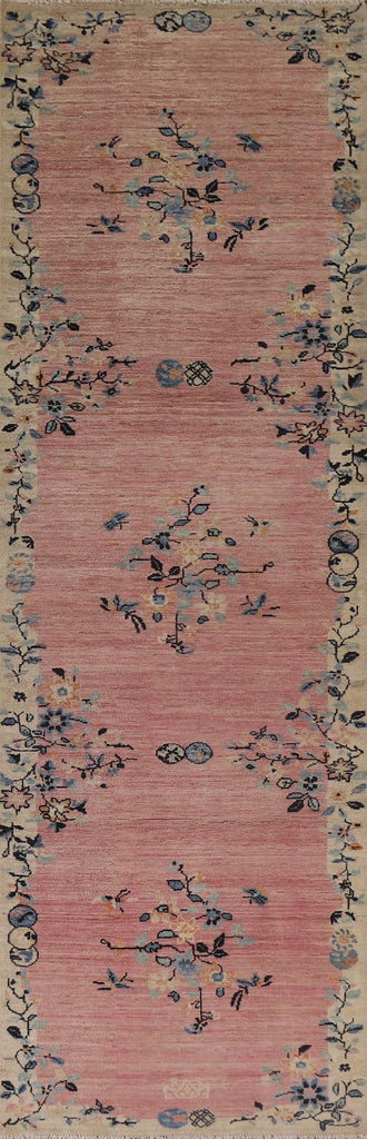 Pink Floral Oushak Vegetable Dye Runner Rug 3x12