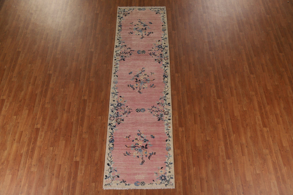 Pink Floral Oushak Vegetable Dye Runner Rug 3x12