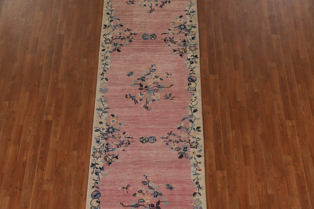 Pink Floral Oushak Vegetable Dye Runner Rug 3x12