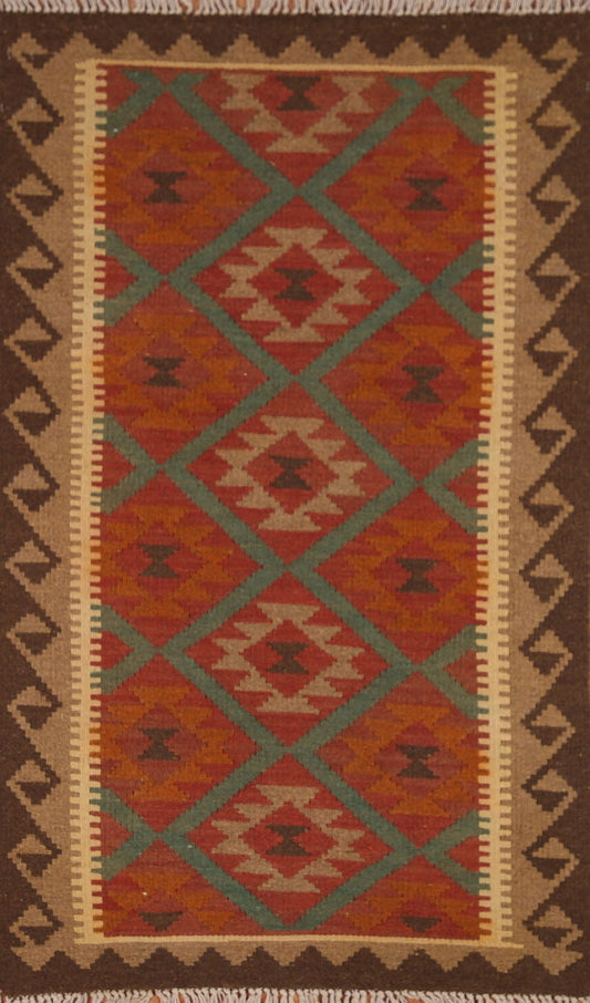 Green Wool Kilim Reversible Area Rug 3x5