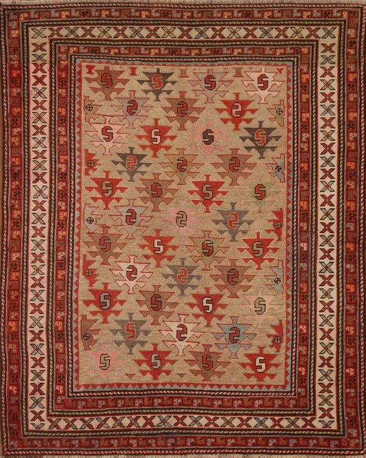 Pre-1900 Antique Vegetable Dye Kazak Oriental Area Rug 4x5