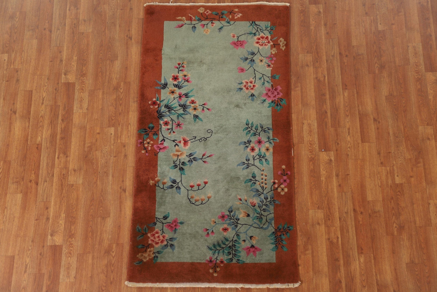 Vintage Green Art Deco Oriental Area Rug 3x6