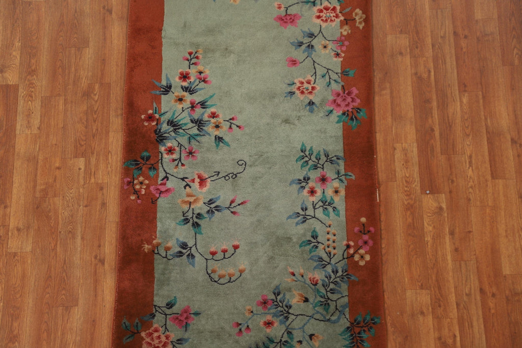 Vintage Green Art Deco Oriental Area Rug 3x6