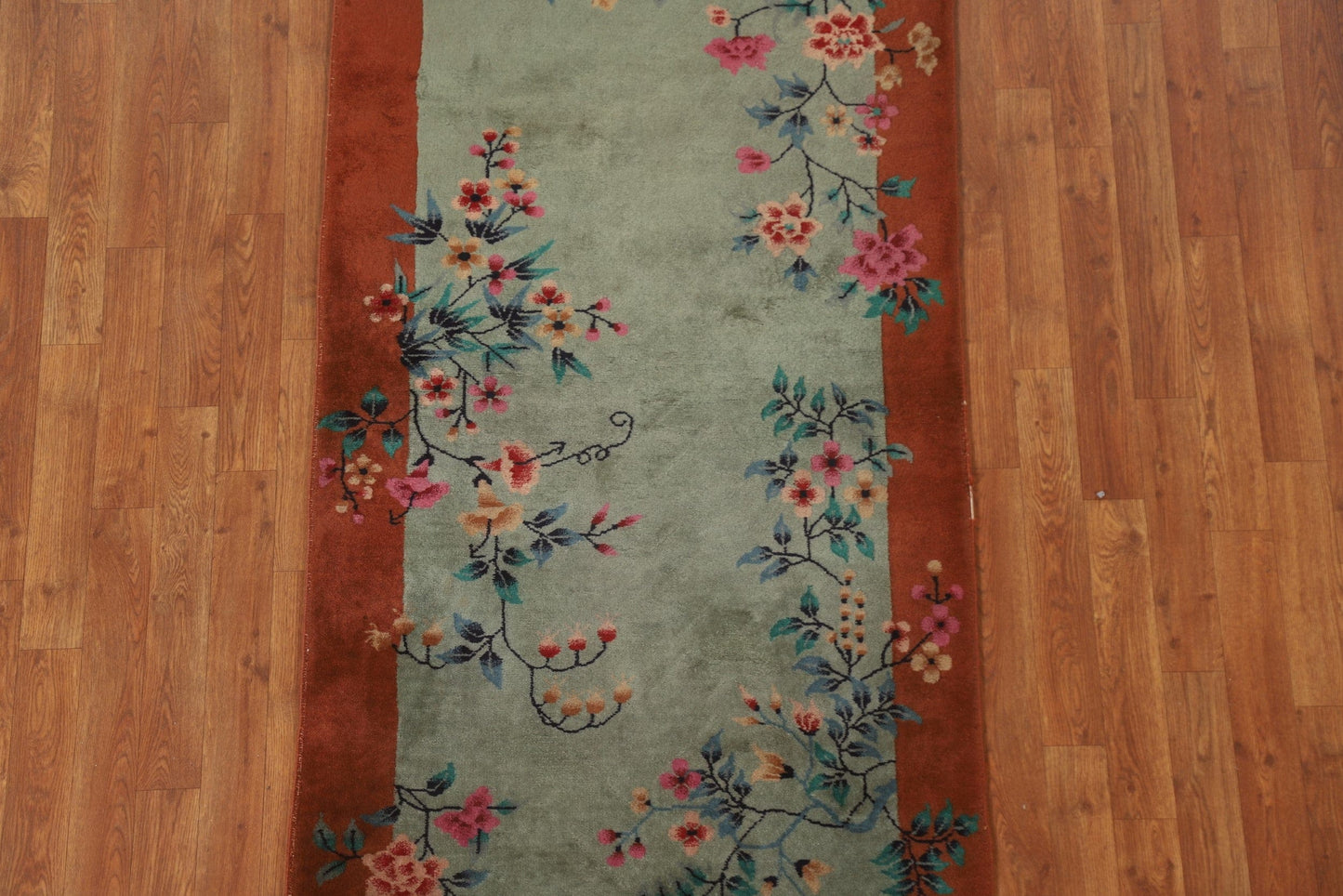 Vintage Green Art Deco Oriental Area Rug 3x6