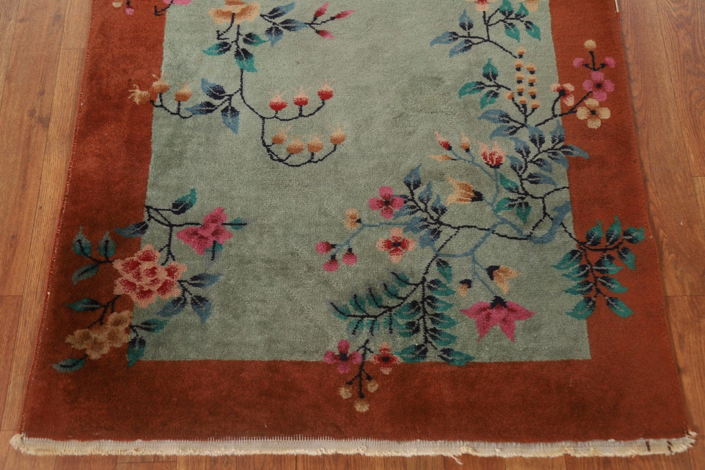 Vintage Green Art Deco Oriental Area Rug 3x6