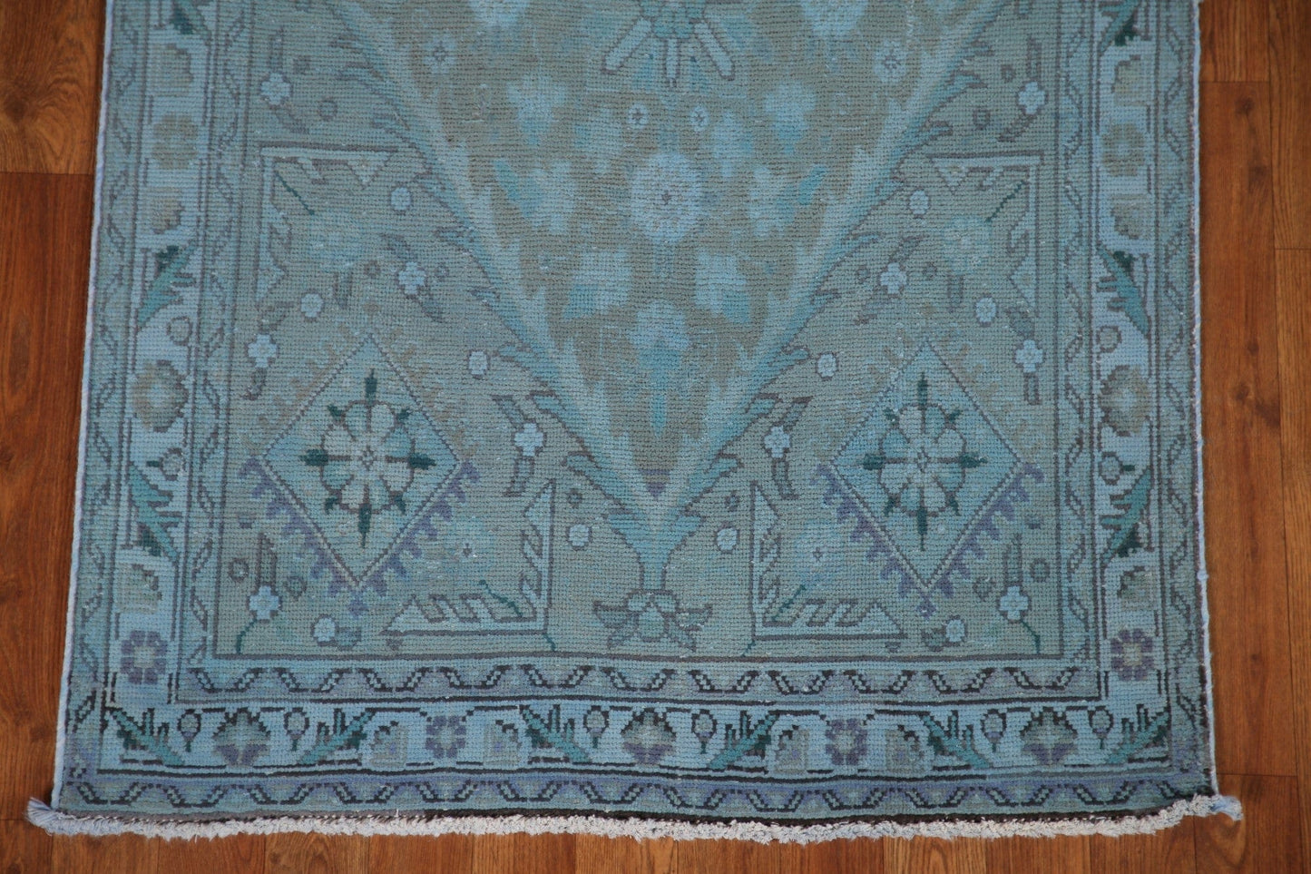 Over-Dyed Blue Tabriz Persian Runner Rug 3x12