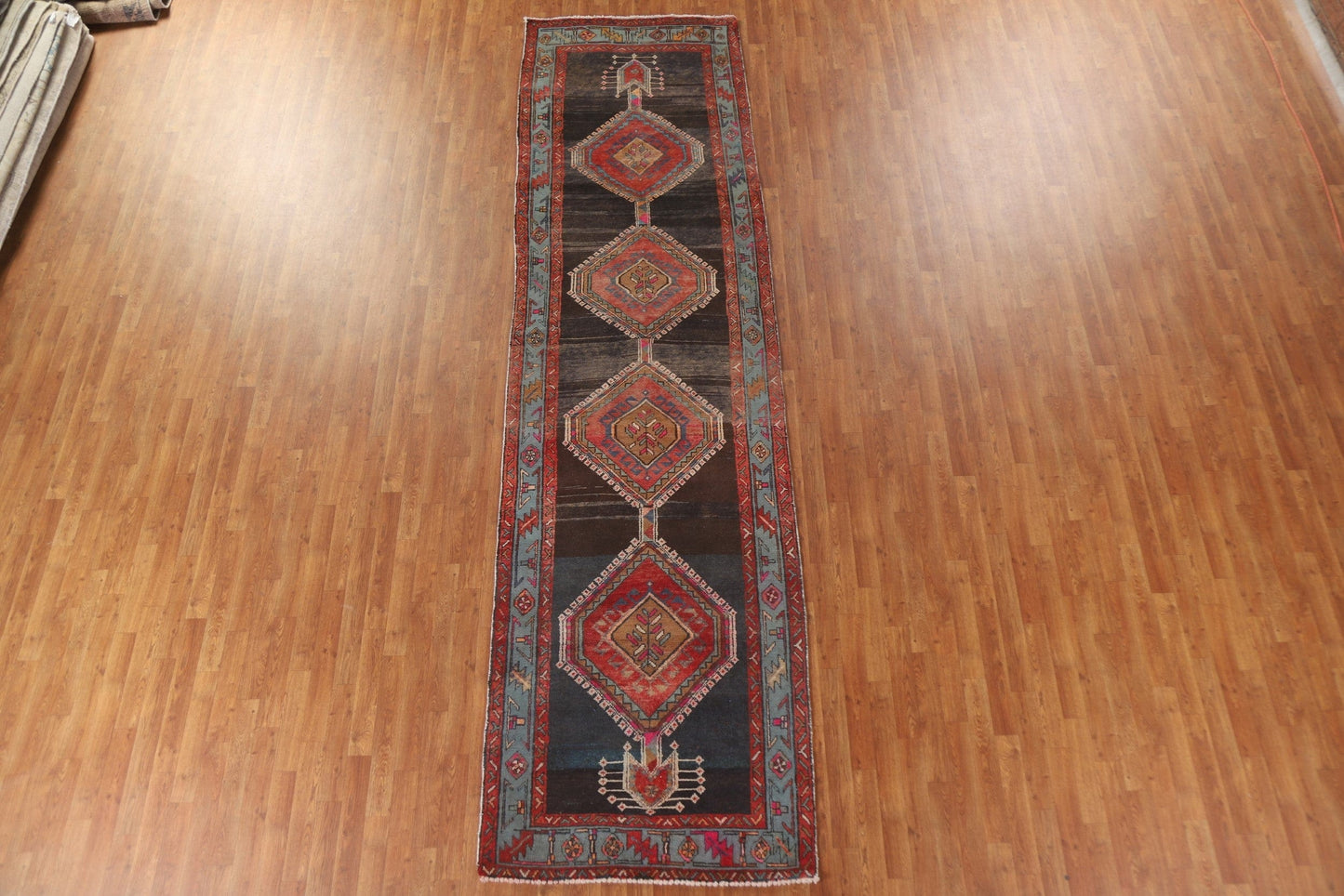 Black Geometric Ardebil Persian Runner Rug 4x14