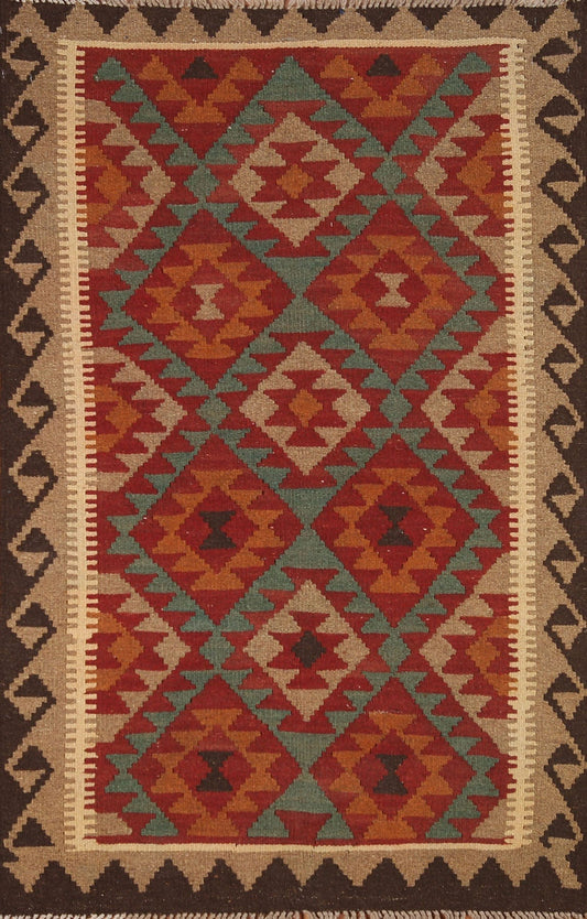 Geometric Green Kilim Oriental Area Rug 3x5