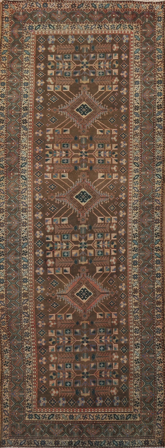 Brown Geometric Ardebil Persian Runner Rug 4x11