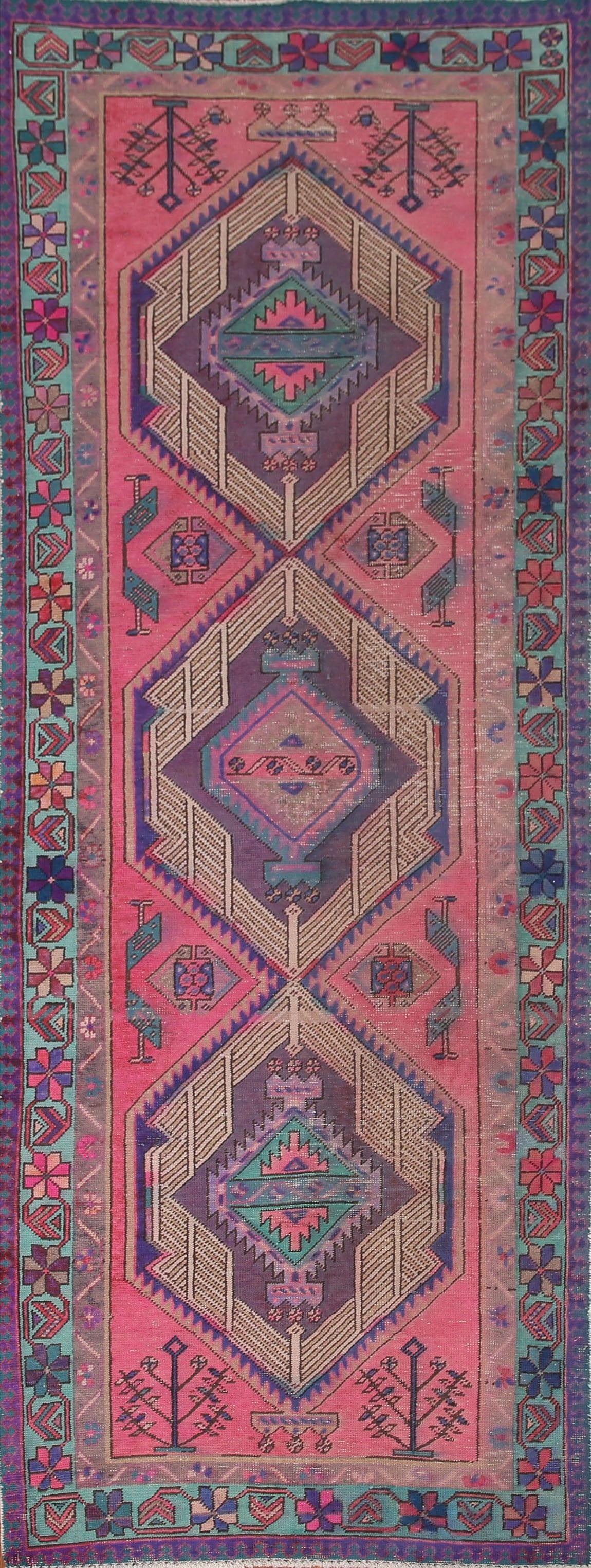 Distressed Pink Ardebil Persian Runner Rug 3x10