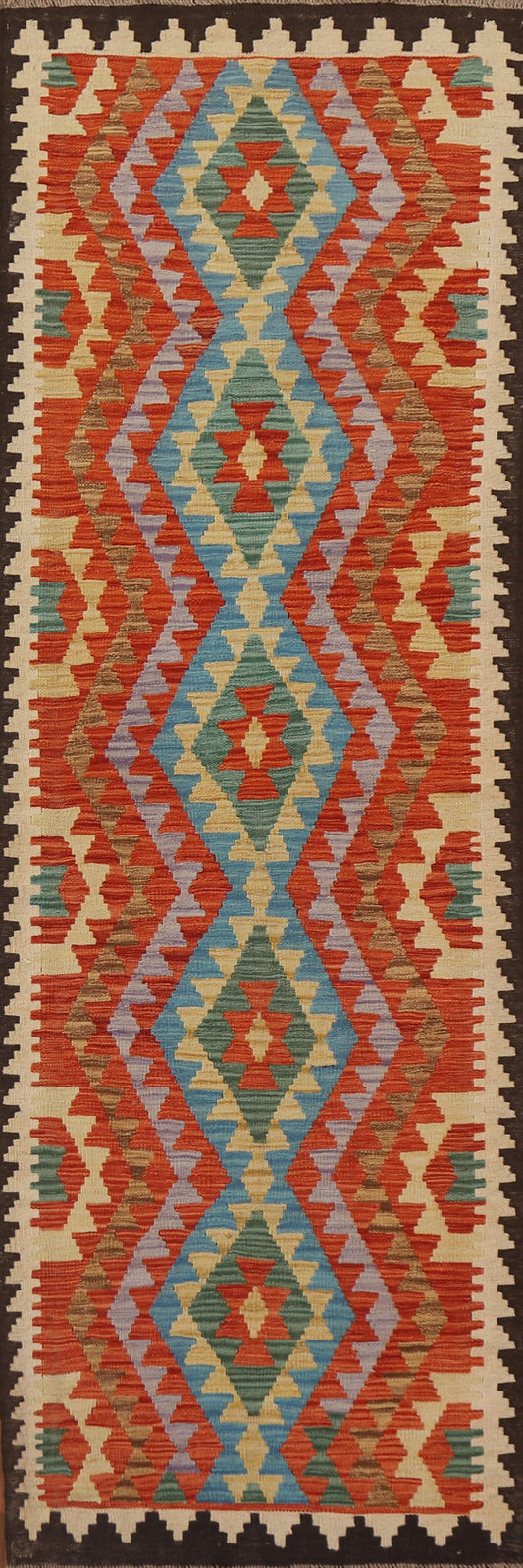 Geometric Kilim Wool Runner Rug 3x9