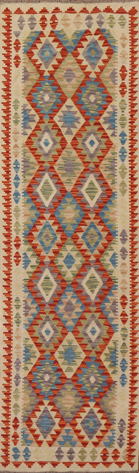 Geometric Kilim Wool Runner Rug 3x10