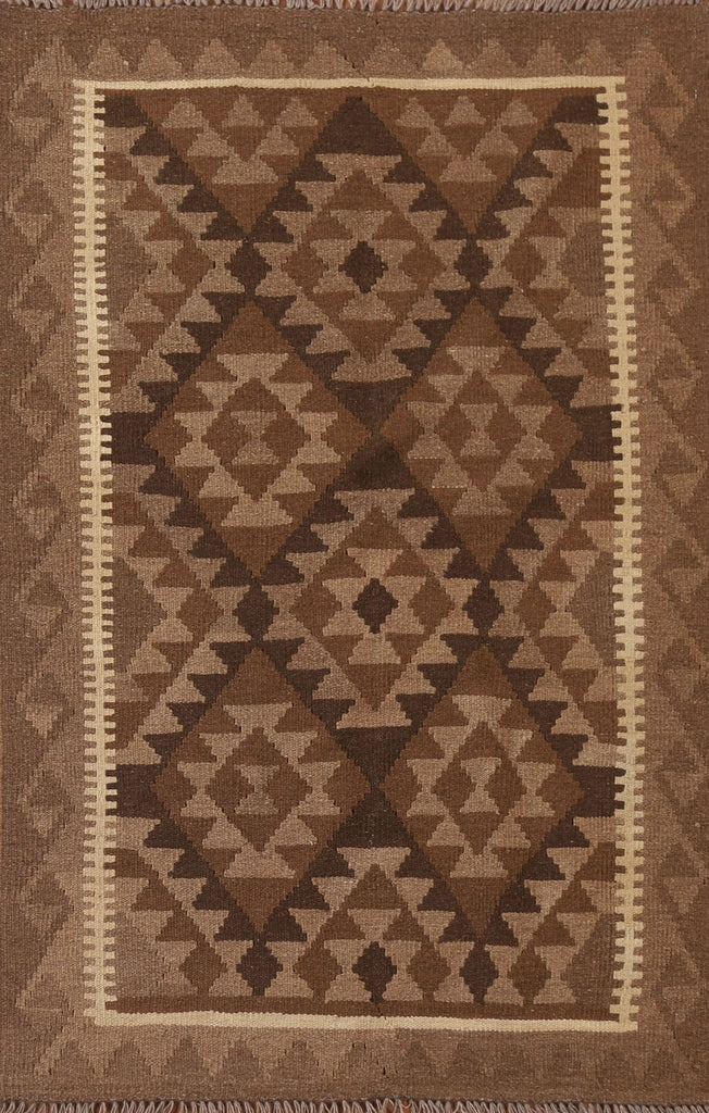 Brown Wool Kilim Geometric Area Rug 3x5