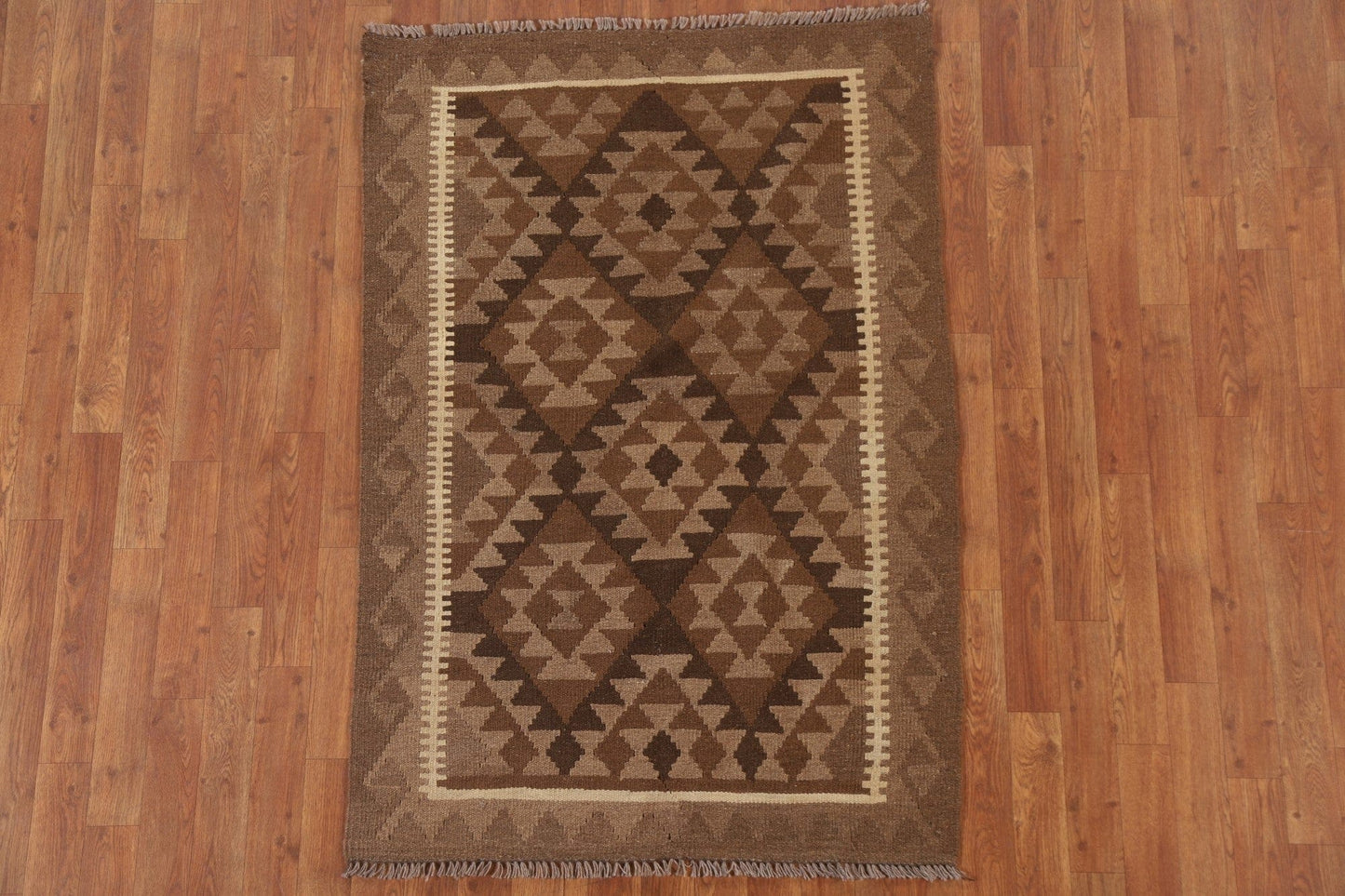 Brown Wool Kilim Geometric Area Rug 3x5