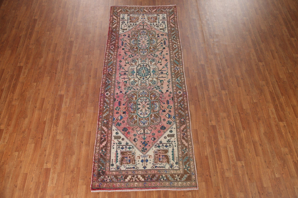 Pink Geometric Heriz Persian Runner Rug 4x10