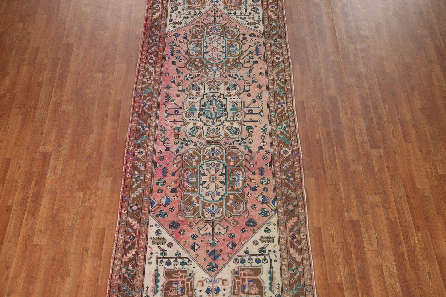 Pink Geometric Heriz Persian Runner Rug 4x10