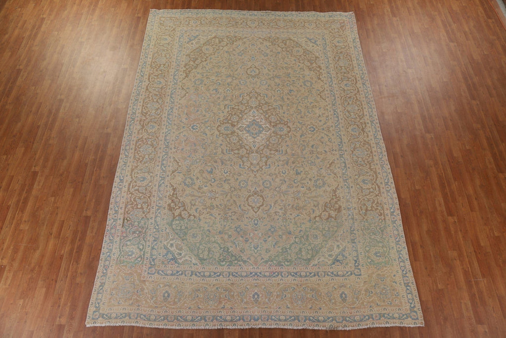 Muted Distressed Kashan Persian Area Rug 9x13