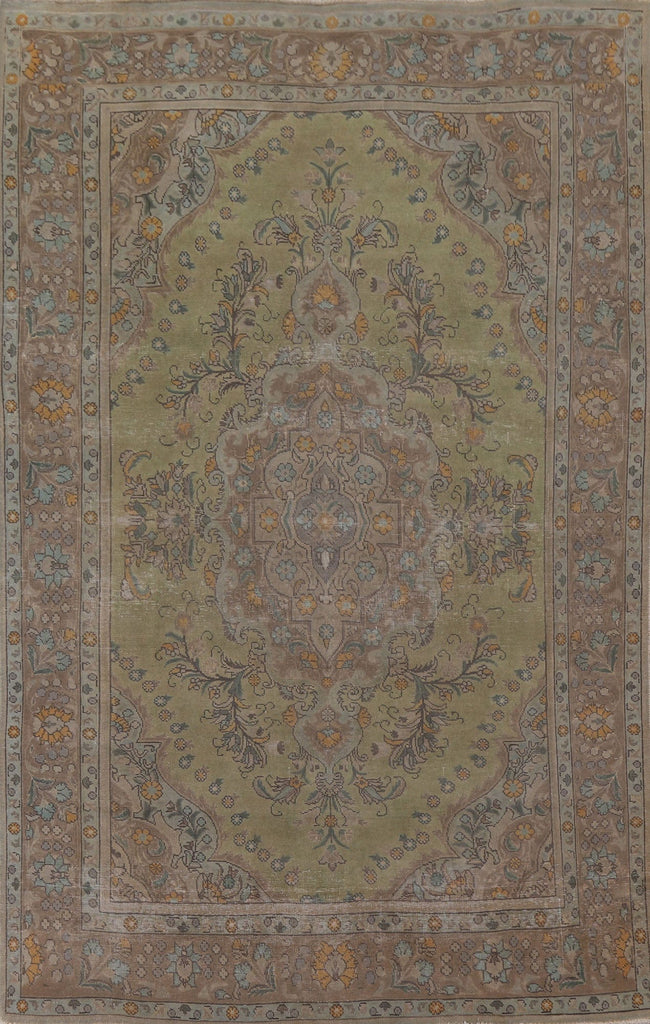 Green Distressed Tabriz Persian Area Rug 7x10