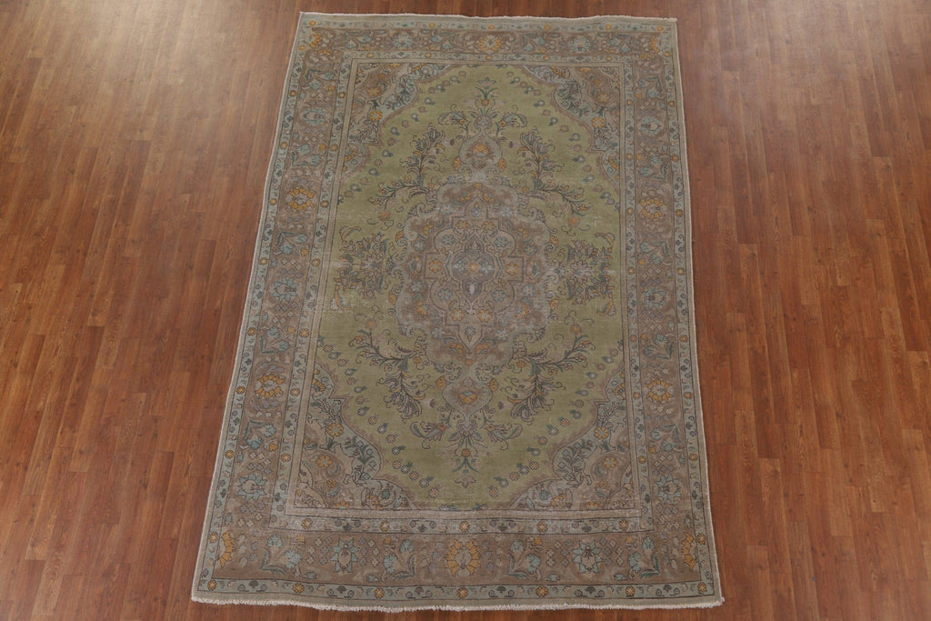 Green Distressed Tabriz Persian Area Rug 7x10