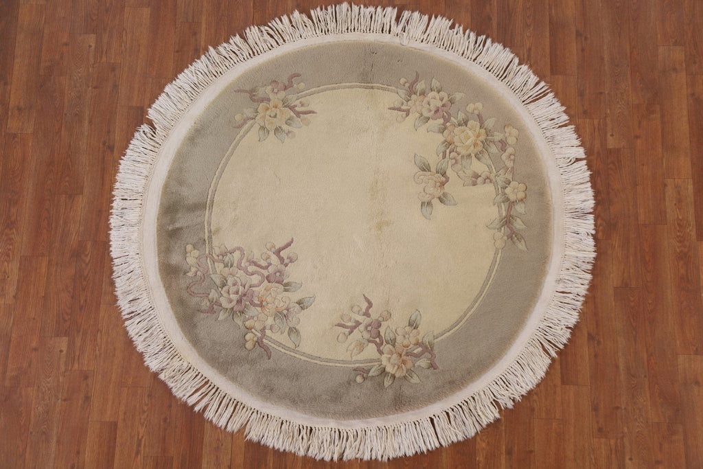 Ivory Art Deco Oriental Round Rug 4x4