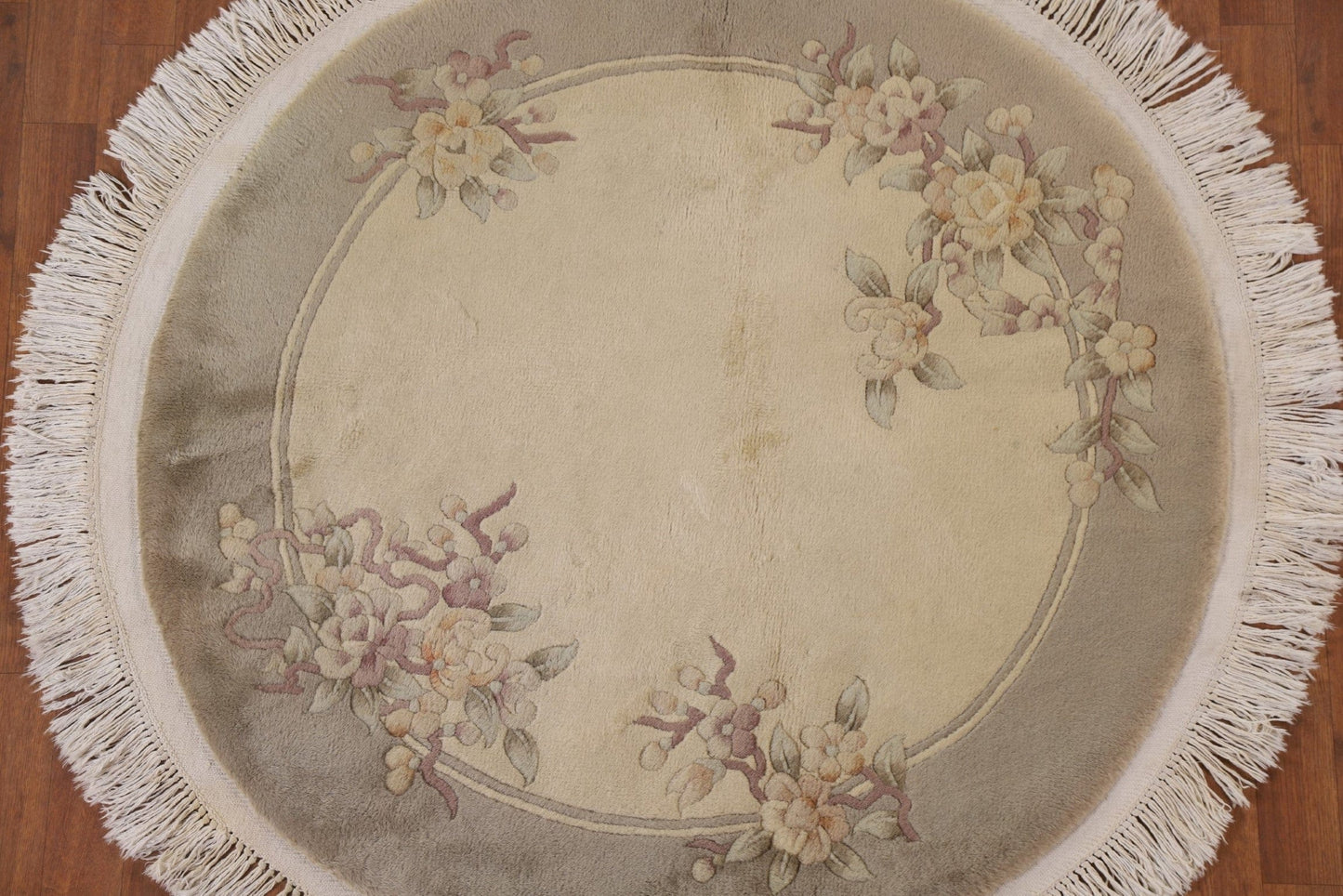 Ivory Art Deco Oriental Round Rug 4x4