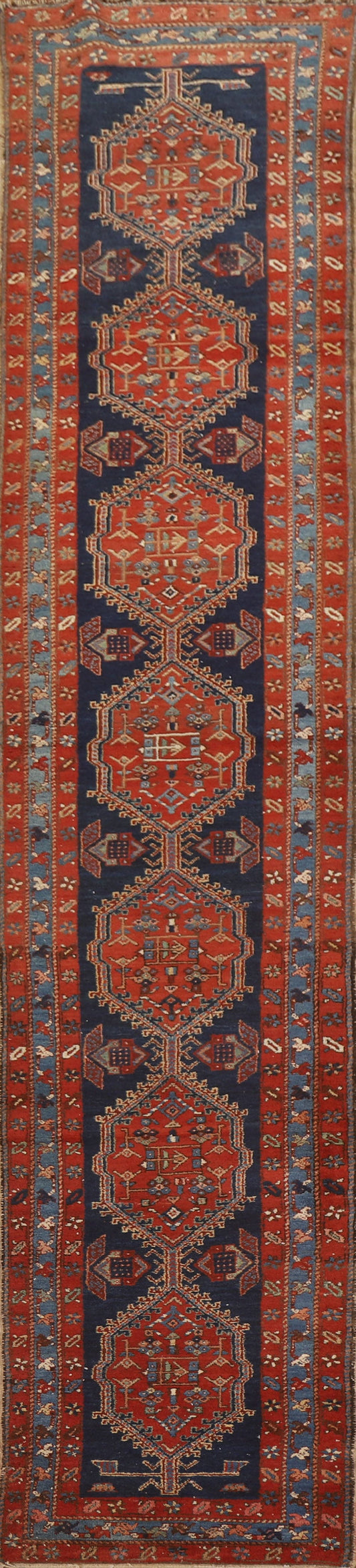 Antique Vegetable Dye Heriz Serapi Persian Runner Rug 3x16