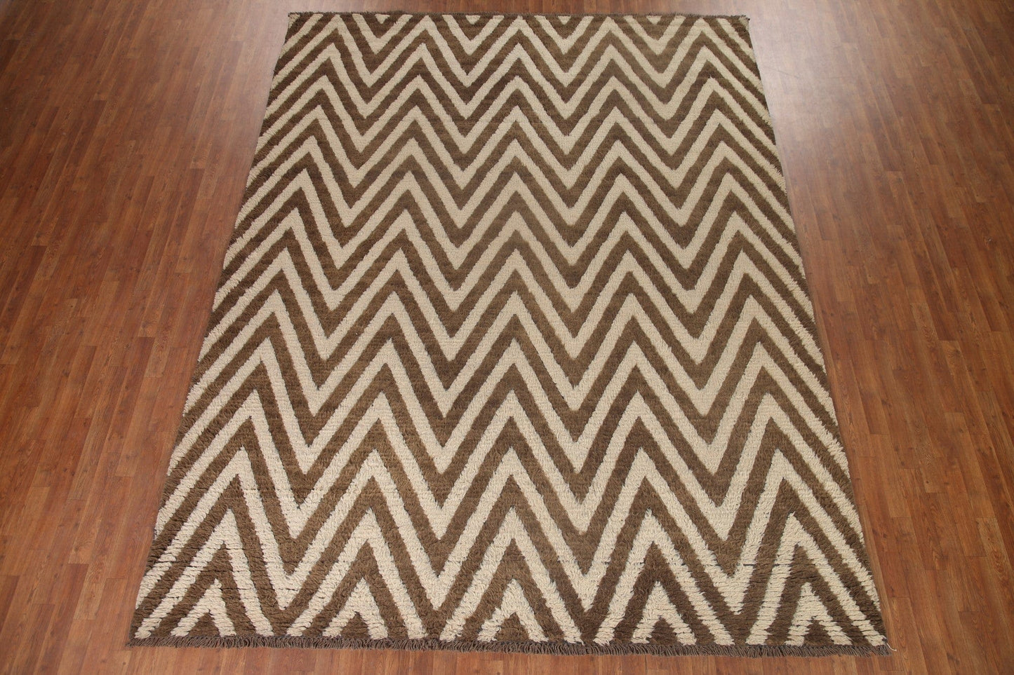 Ivory/ Brown Moroccan Shaggy Wool Area Rug 9x12