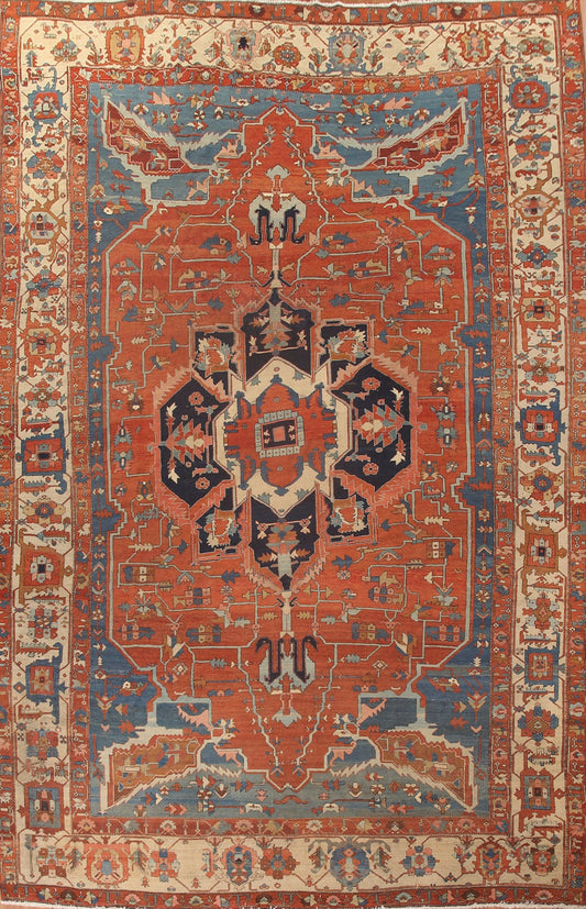 Pre-1900 Antique Heriz Serapi Vegetable Dye Persian Rug 12x16