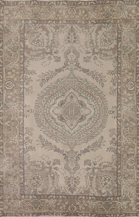 Vintage Ivory Tabriz Persian Area Rug 7x9