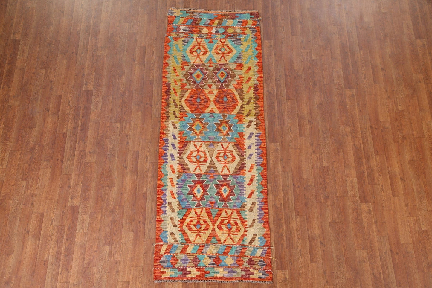 Colorful Kilim Reversible Wool Runner Rug 3x8