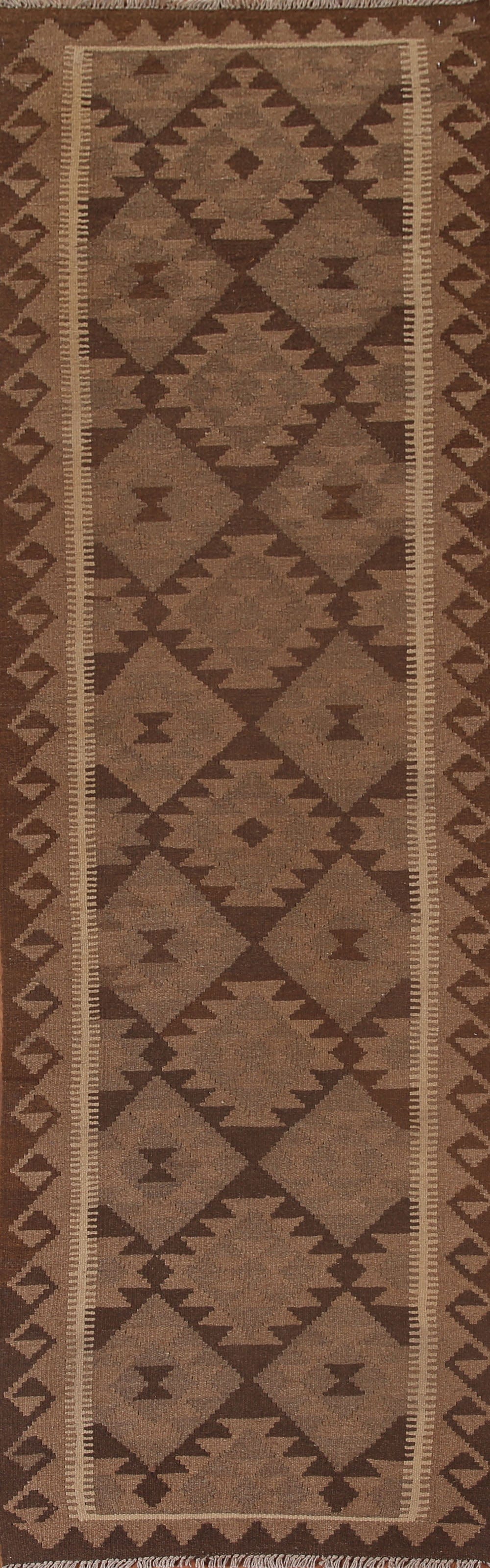 Brown Kilim Reversible Wool Runner Rug 3x10