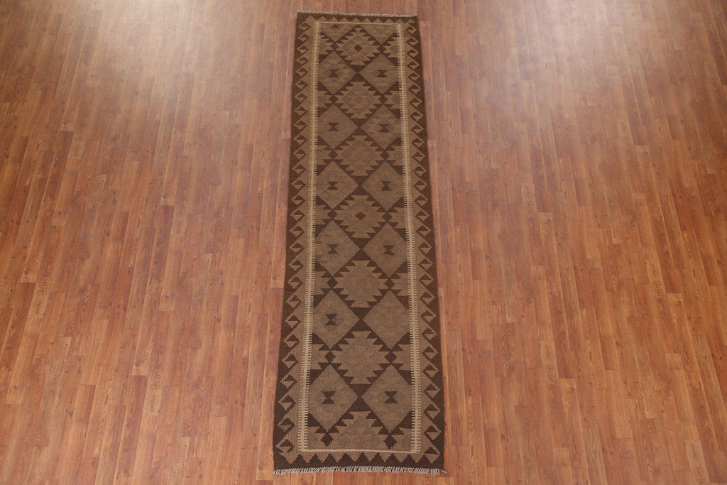 Brown Kilim Reversible Wool Runner Rug 3x10