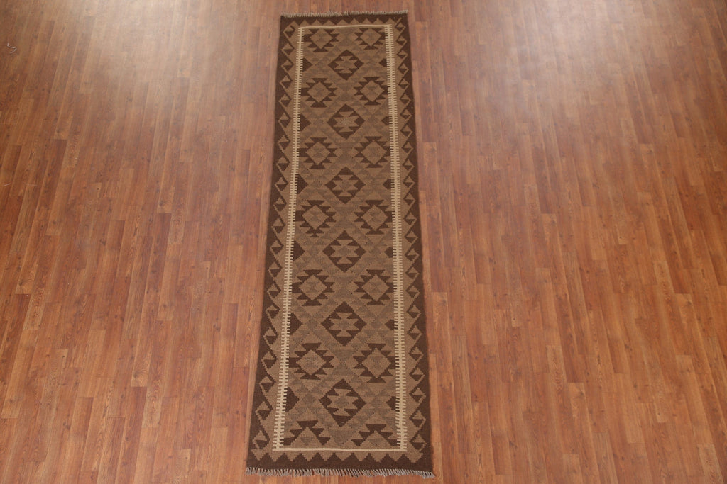 Brown Kilim Reversible Wool Runner Rug 3x10