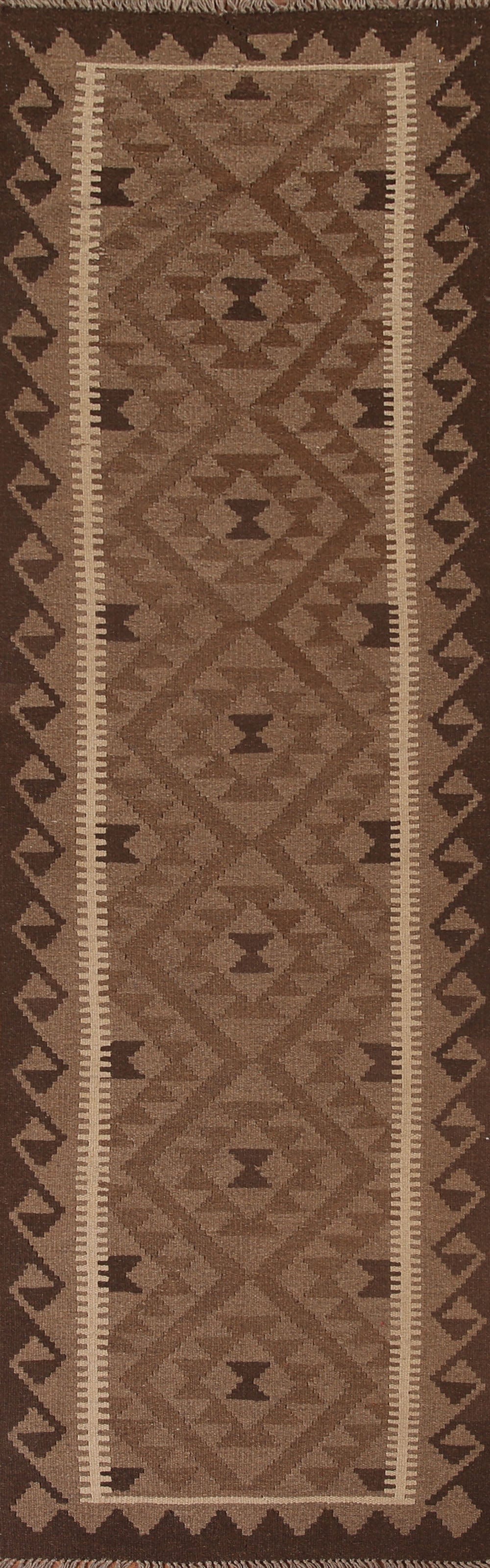 Brown Geometric Kilim Runner Rug 3x9