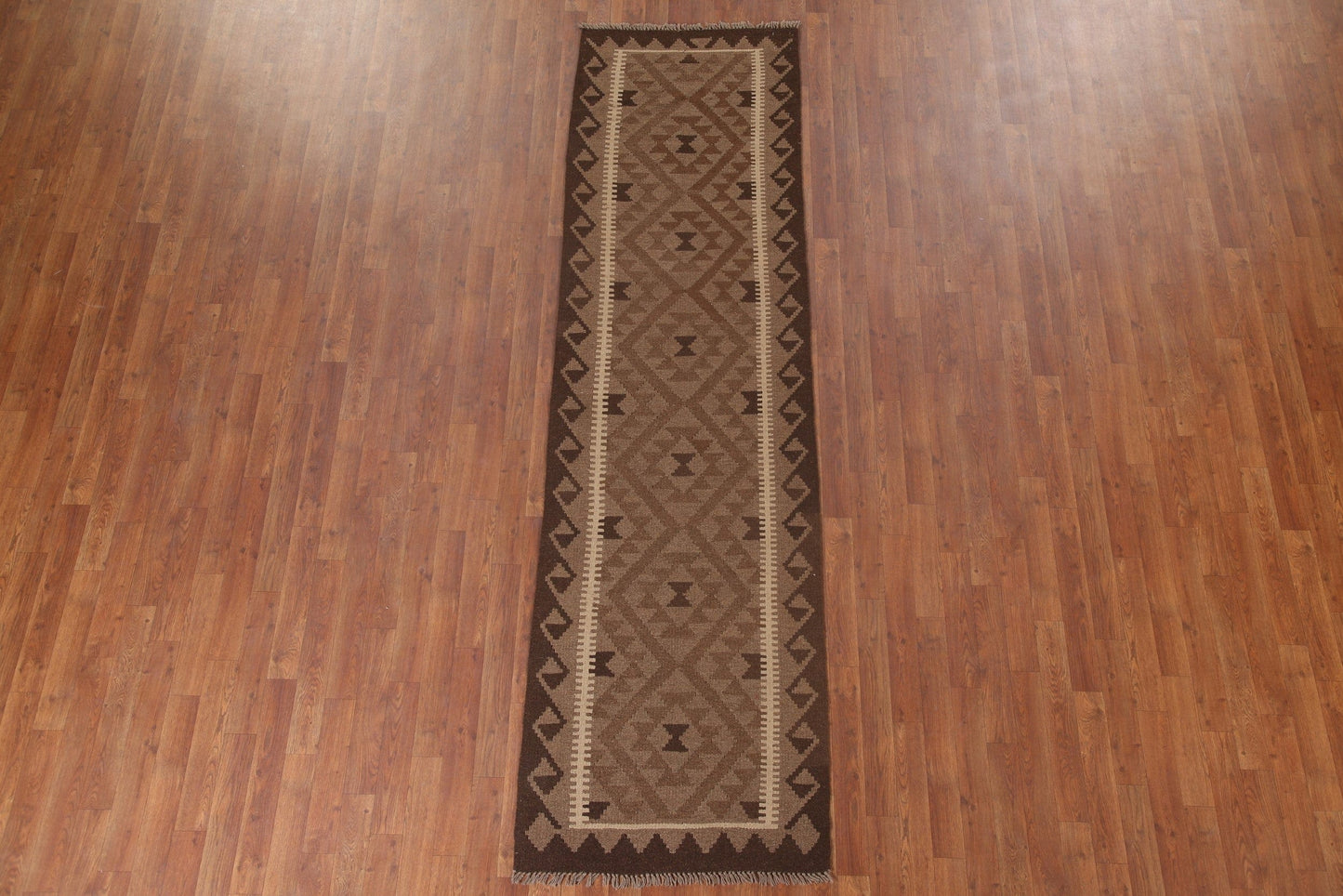 Brown Geometric Kilim Runner Rug 3x9