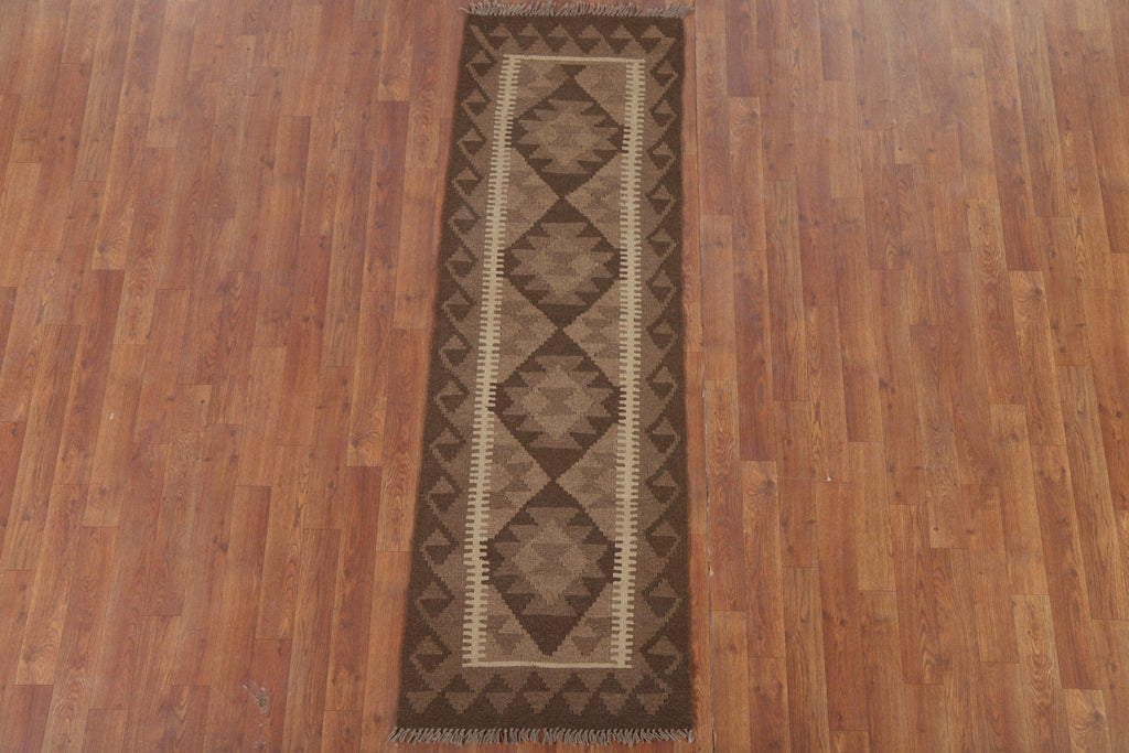 Brown Kilim Reversible Wool Runner Rug 2x6