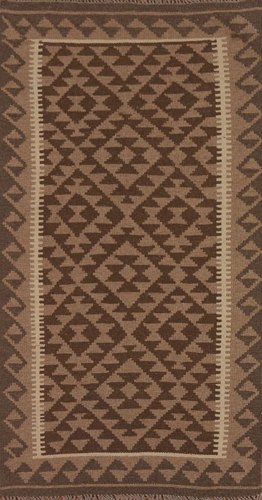 Brown Wool Kilim Geometric Area Rug 3x6