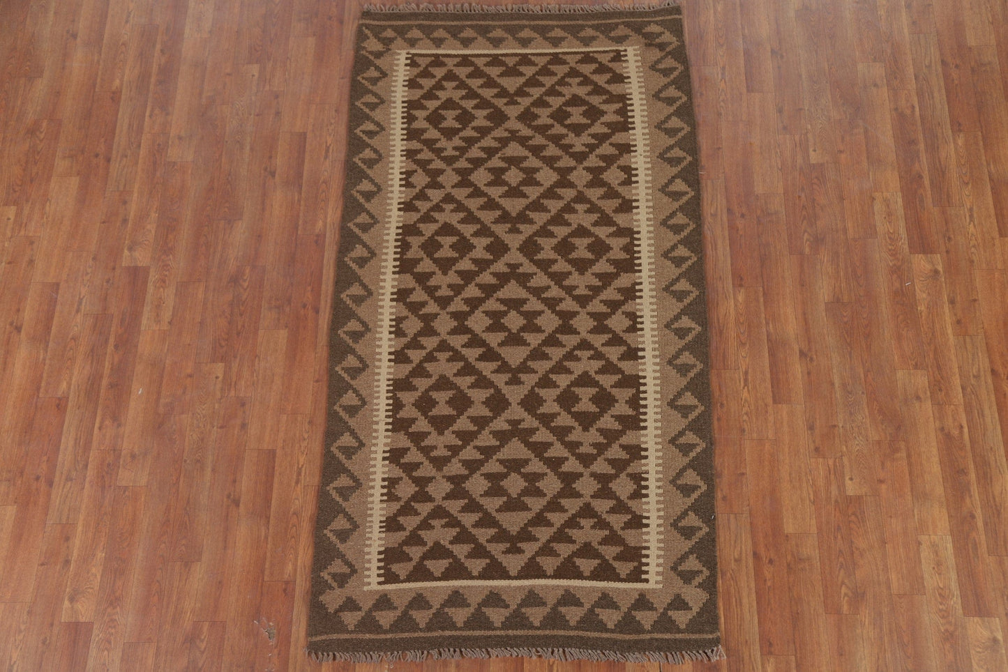 Brown Wool Kilim Geometric Area Rug 3x6