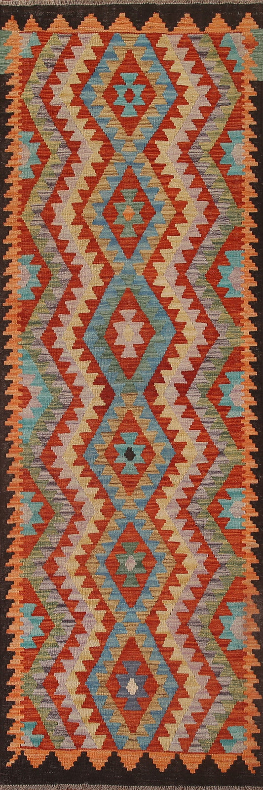 Colorful Kilim Reversible Wool Runner Rug 3x10