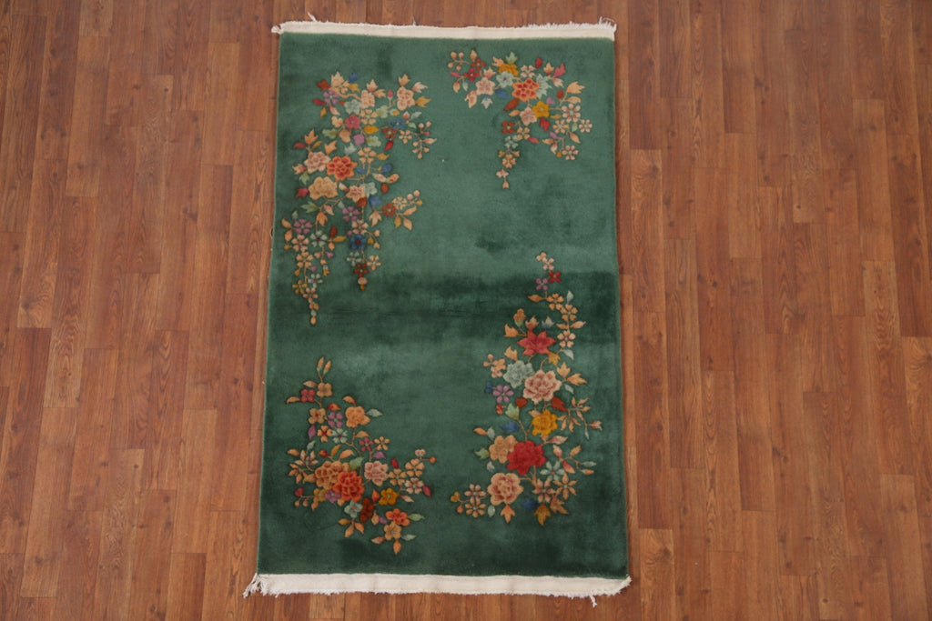 Green Floral Art Deco Oriental Area Rug 3x5